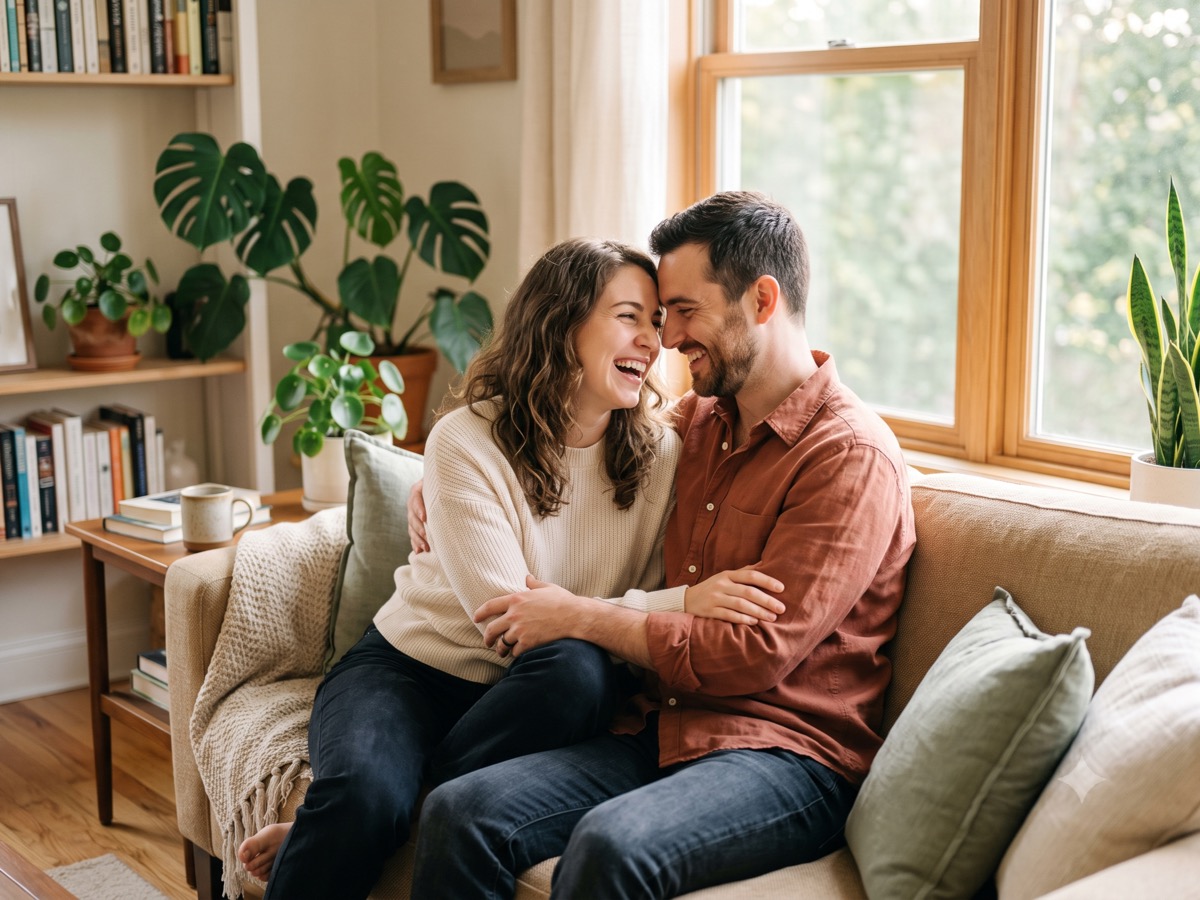 Pareja de esposos abrazados y sonriendo en casa
